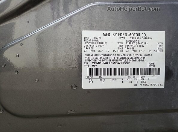 2FMPK4K95MBA51537 2021 FORD EDGE  Вид наклейки с VIN-кодом