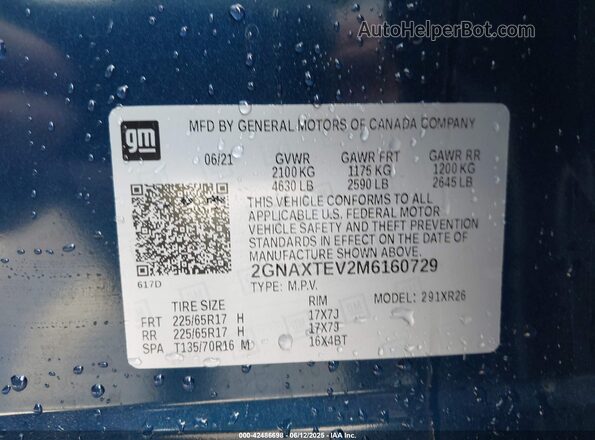 2GNAXTEV2M6160729 2021 CHEVROLET EQUINOX Blue 