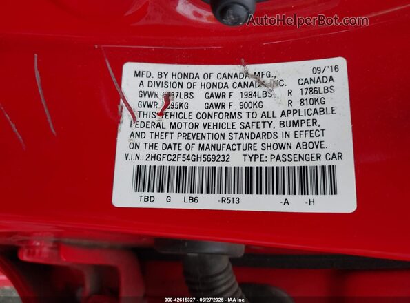 2HGFC2F54GH569232 2016 HONDA CIVIC Red Engine compartment view