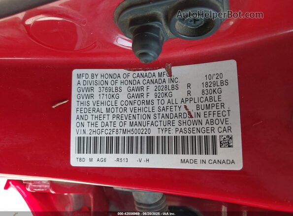 2HGFC2F87MH500220 2021 HONDA CIVIC Red Vista del compartimento del motor