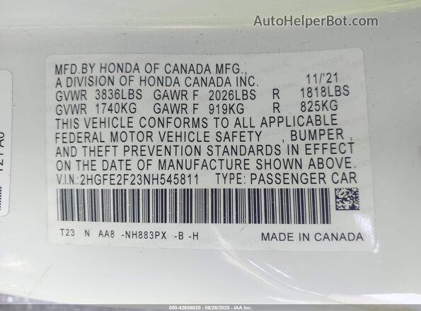 2HGFE2F23NH545811 2022 HONDA CIVIC White Vista del compartimento del motor