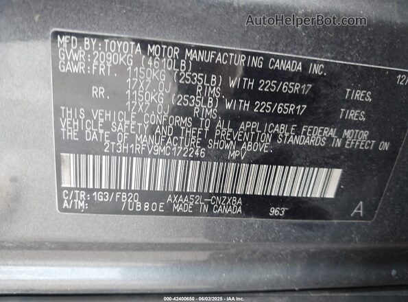 2T3H1RFV9MC172246 2021 TOYOTA LE Gray Շարժիչի բաժամունքի տեսք