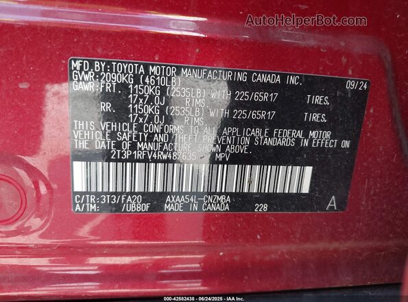 2T3P1RFV4RW487635 2024 TOYOTA LE Red Widok komory silnika