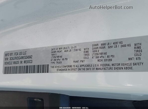 3C6LRVDG4ME534842 2021 RAM PROMASTER 2500 White 
