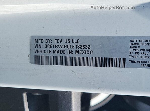 3C6TRVAG0LE138832 2020 RAM PROMASTER 1500  