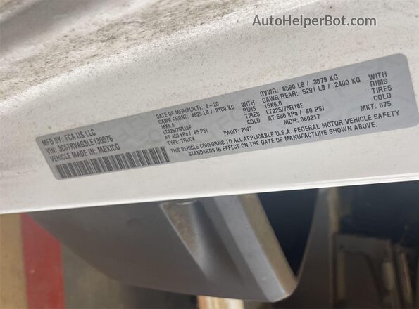 3C6TRVAG3LE130076 2020 RAM PROMASTER 1500  