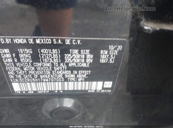3CZRU5H17MM707003 2021 HONDA HR-V Black ძრავის განყოფილების ხედი