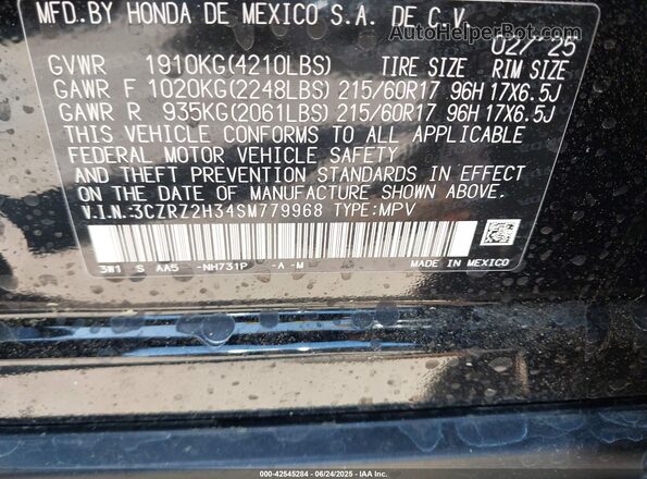 3CZRZ2H34SM779968 2025 HONDA HR-V Black Շարժիչի բաժամունքի տեսք