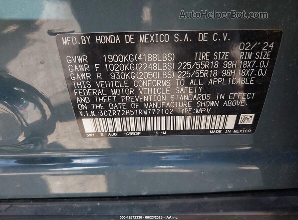 3CZRZ2H51RM772102 2024 HONDA HR-V Blue 