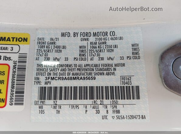 3FMCR9A68MRA95659 2021 FORD BRONCO SPORT Белый 