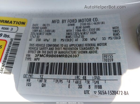 3FMCR9B69MRB26397 2021 FORD BRONCO SPORT White 