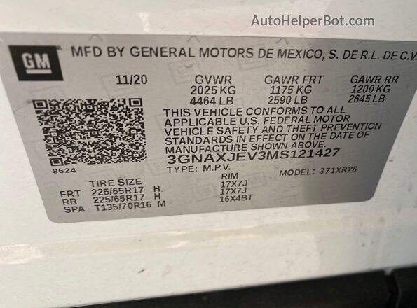 3GNAXJEV3MS121427 2021 CHEVROLET EQUINOX  Շարժիչի բաժամունքի տեսք