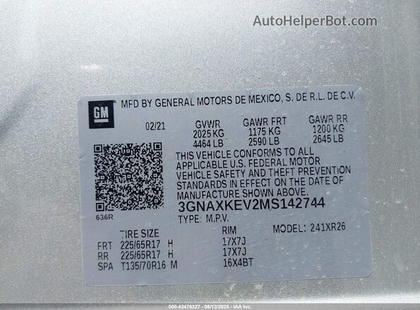 3GNAXKEV2MS142744 2021 CHEVROLET EQUINOX Silver Вид підкапотного простору