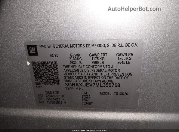 3GNAXUEV7ML355758 2021 CHEVROLET EQUINOX Серебряный Вид подкапотного пространства