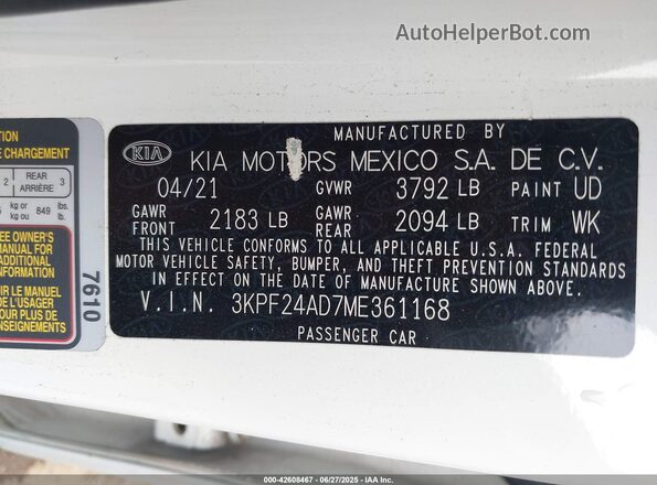 3KPF24AD7ME361168 2021 KIA FORTE White Widok komory silnika