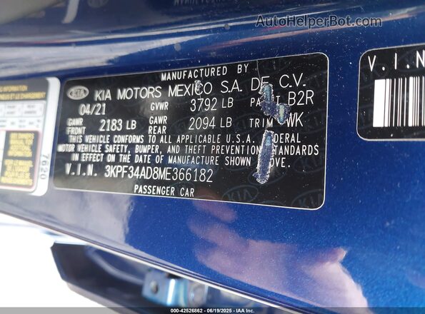 3KPF34AD8ME366182 2021 KIA FORTE Blue Vista del compartimento del motor