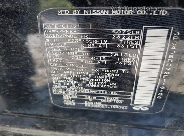 3PCAJ5BB9MF116186 2021 INFINITI QX50 Black Вид наклейки з VIN-кодом