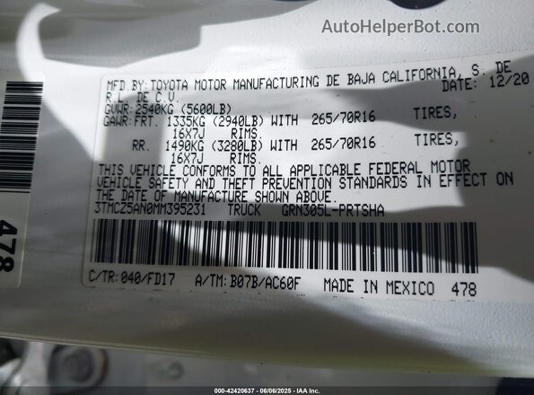 3TMCZ5AN0MM395231 2021 TOYOTA TACOMA White Շարժիչի բաժամունքի տեսք