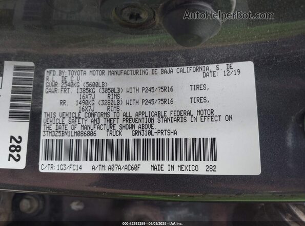 3TMDZ5BN1LM086806 2020 TOYOTA TACOMA Gray ძრავის განყოფილების ხედი