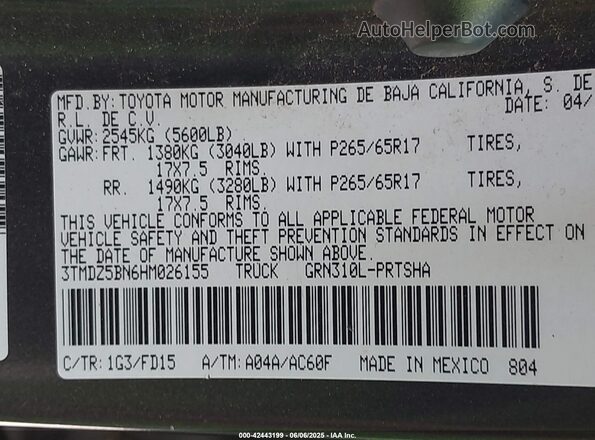 3TMDZ5BN6HM026155 2017 TOYOTA TACOMA Gray Vista del compartimento del motor