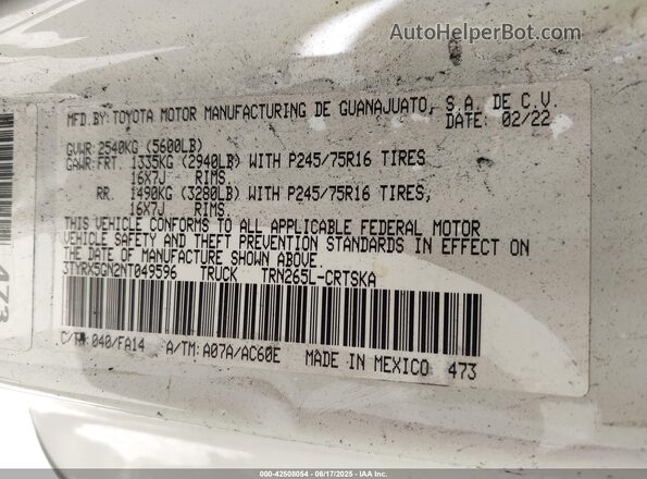 3TYRX5GN2NT049596 2022 TOYOTA TACOMA White Widok komory silnika