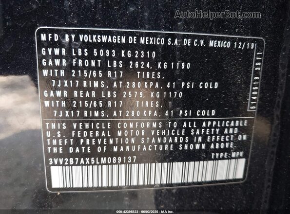 3VV2B7AX5LM089137 2020 VOLKSWAGEN TIGUAN Black Շարժիչի բաժամունքի տեսք