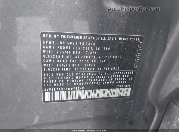 3VV8B7AX8PM076348 2023 VOLKSWAGEN TIGUAN Gray Շարժիչի բաժամունքի տեսք