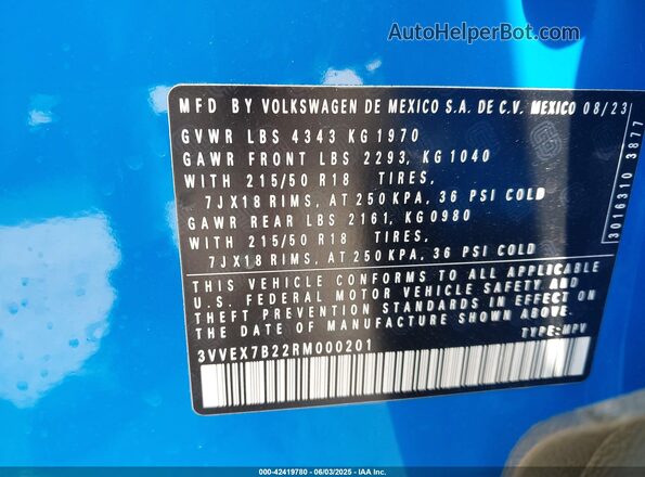3VVEX7B22RM000201 2024 VOLKSWAGEN TAOS Blue Engine compartment view