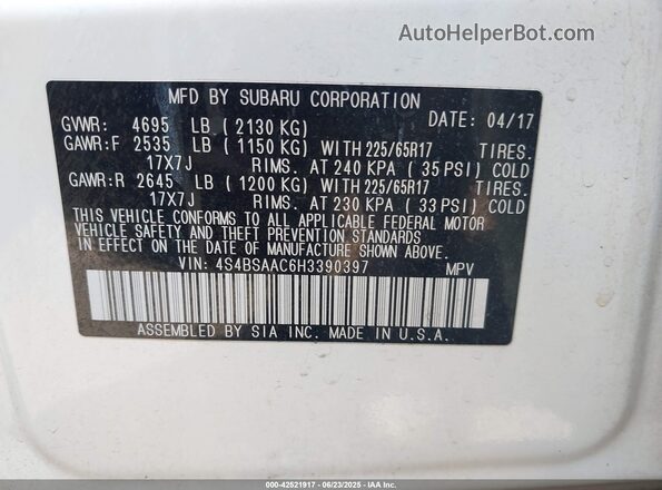 4S4BSAAC6H3390397 2017 SUBARU OUTBACK White ძრავის განყოფილების ხედი