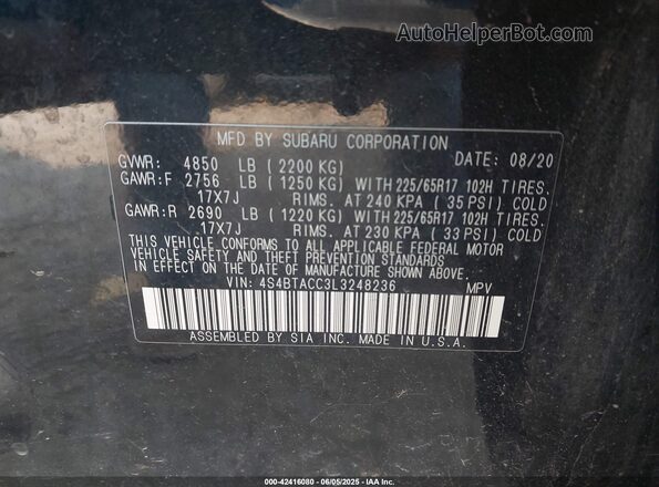 4S4BTACC3L3248236 2020 SUBARU OUTBACK Черный Вид подкапотного пространства