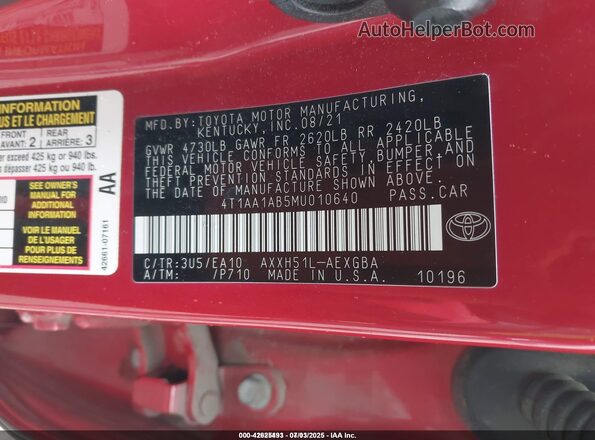 4T1AA1AB5MU010640 2021 TOYOTA LE Red 