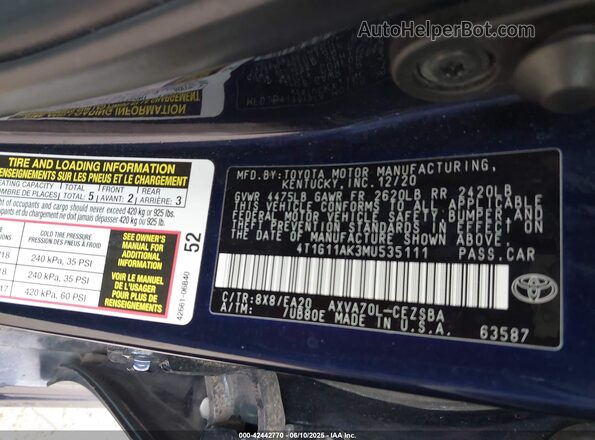 4T1G11AK3MU535111 2021 TOYOTA CAMRY Blue Вид підкапотного простору