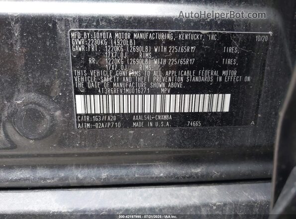 4T3R6RFV1MU016271 2021 TOYOTA LE Gray Вид підкапотного простору
