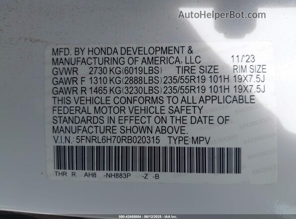 5FNRL6H70RB020315 2024 HONDA ODYSSEY White Widok komory silnika