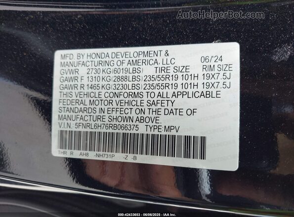 5FNRL6H76RB066375 2024 HONDA ODYSSEY Black Engine compartment view