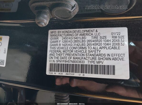 5FNYF8H57NB003633 2022 HONDA PASSPORT Black 