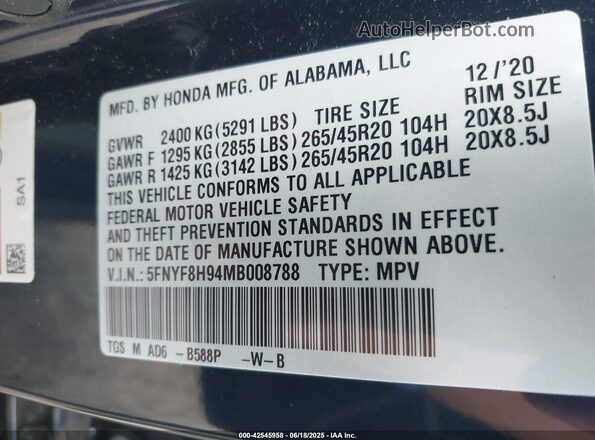 5FNYF8H94MB008788 2021 HONDA PASSPORT Dark Blue 