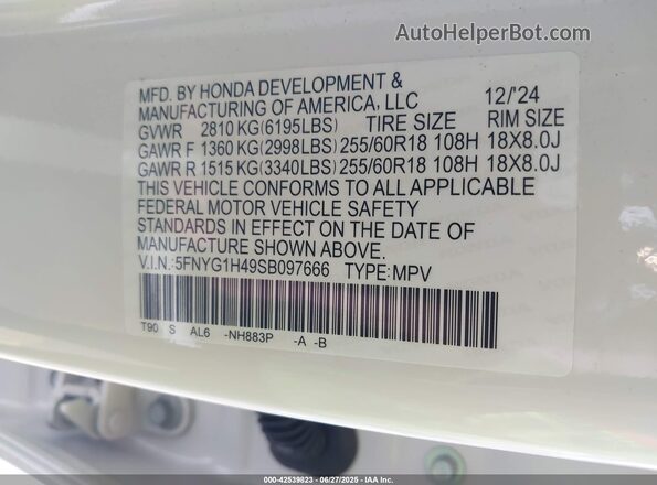 5FNYG1H49SB097666 2025 HONDA PILOT White 