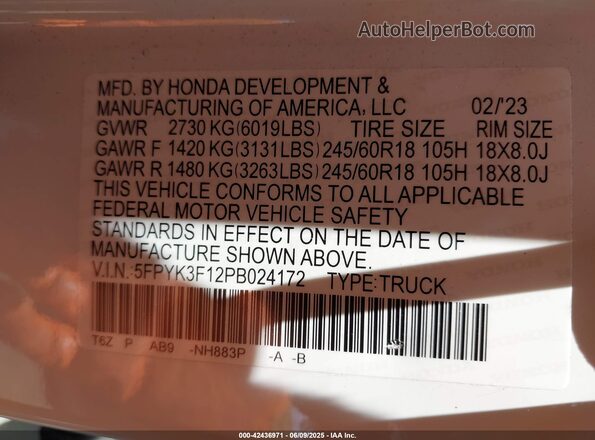 5FPYK3F12PB024172 2023 HONDA RIDGELINE White Вид підкапотного простору