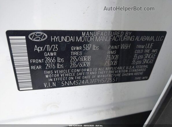 5NMS24AJ7PH572551 2023 HYUNDAI SANTA FE White 