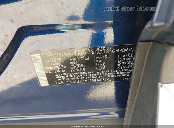 5NMS3DAJ6NH403745 2022 HYUNDAI SANTA FE Blue Widok komory silnika