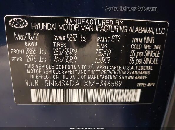 5NMS4DALXMH346589 2021 HYUNDAI SANTA FE Blue Շարժիչի բաժամունքի տեսք