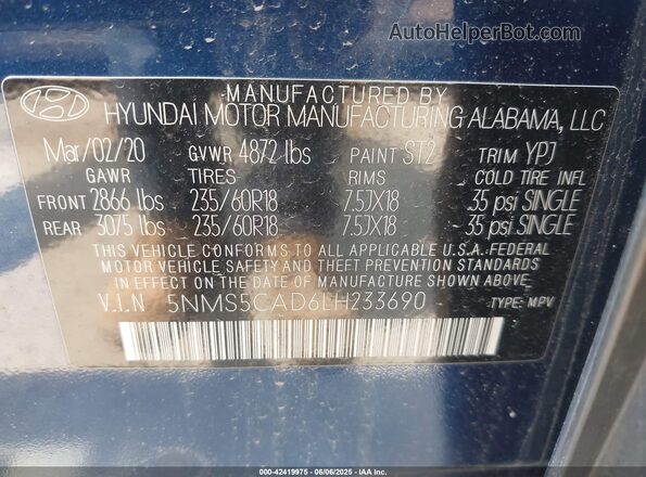 5NMS5CAD6LH233690 2020 HYUNDAI SANTA FE Blue Vista del compartimento del motor