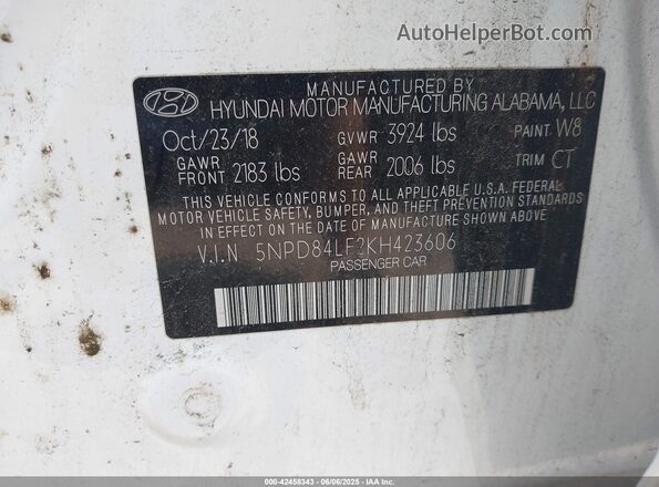 5NPD84LF2KH423606 2019 HYUNDAI ELANTRA White Vista del compartimento del motor