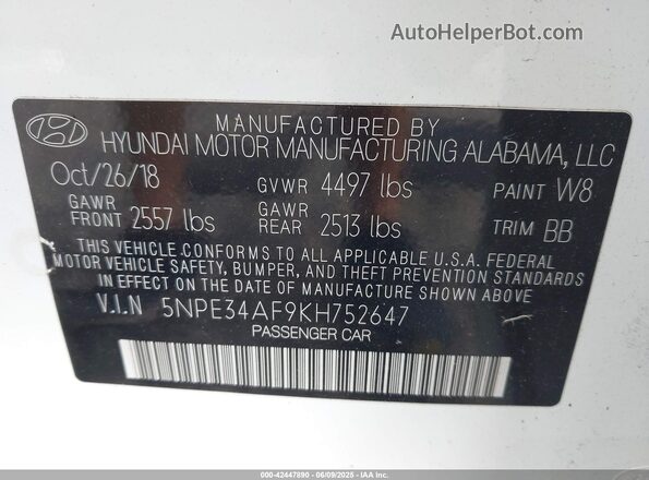 5NPE34AF9KH752647 2019 HYUNDAI SONATA White ძრავის განყოფილების ხედი