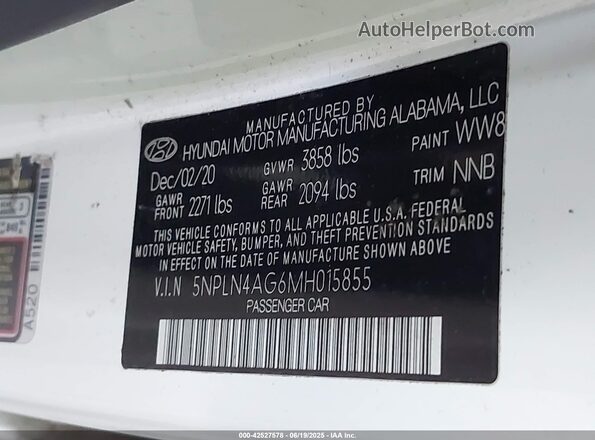 5NPLN4AG6MH015855 2021 HYUNDAI ELANTRA Белый Вид подкапотного пространства