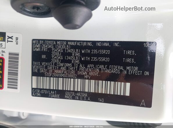 5TDFZRAHXMS038802 2021 TOYOTA HIGHLANDER White Widok komory silnika