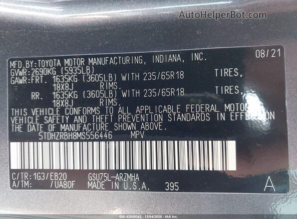 5TDHZRBH8MS556446 2021 TOYOTA LE Gray Widok komory silnika
