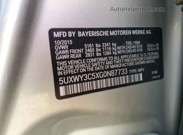 5UXWY3C5XG0N87733 2016 BMW X3 Silver ძრავის განყოფილების ხედი