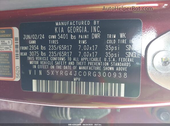 5XYRG4JC0RG300938 2024 KIA SORENTO Maroon 